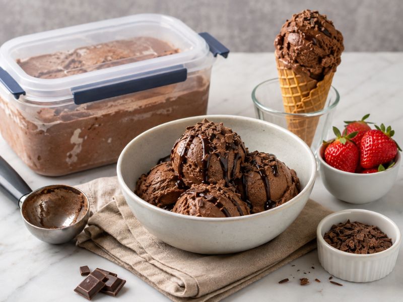 Homemade chocolate ice cream in a bowl with chocolate shavings and syrup, alongside an ice cream cone, strawberries, and a freezer container.