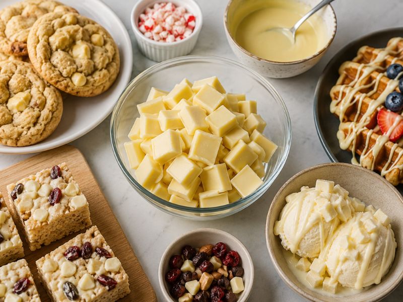 Homemade white chocolate pieces surrounded by cookies, waffles, ice cream, dessert bars, peppermint, dried fruit, and nuts on a marble countertop.