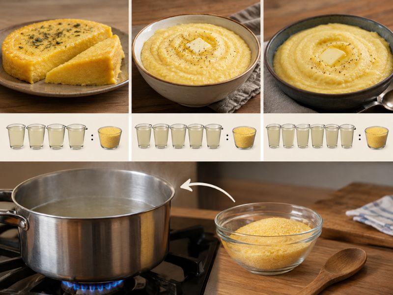 Three bowls of golden polenta showing different textures and liquid-to-polenta ratios, with heated liquid and dry polenta on a kitchen counter.