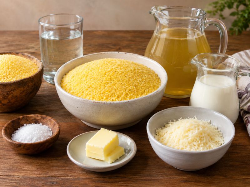 Ingredients for creamy polenta including coarse-ground cornmeal, water, stock, milk, butter, salt, and grated Parmesan cheese arranged on a rustic wooden table.