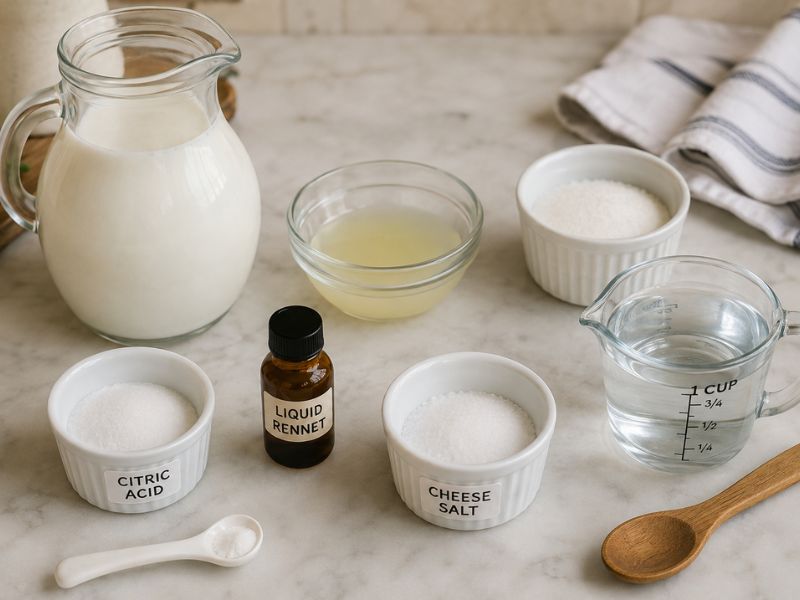 Ingredients for how to make fresh mozzarella recipe with whole milk, citric acid, liquid rennet, cheese salt, and water on a kitchen countertop.