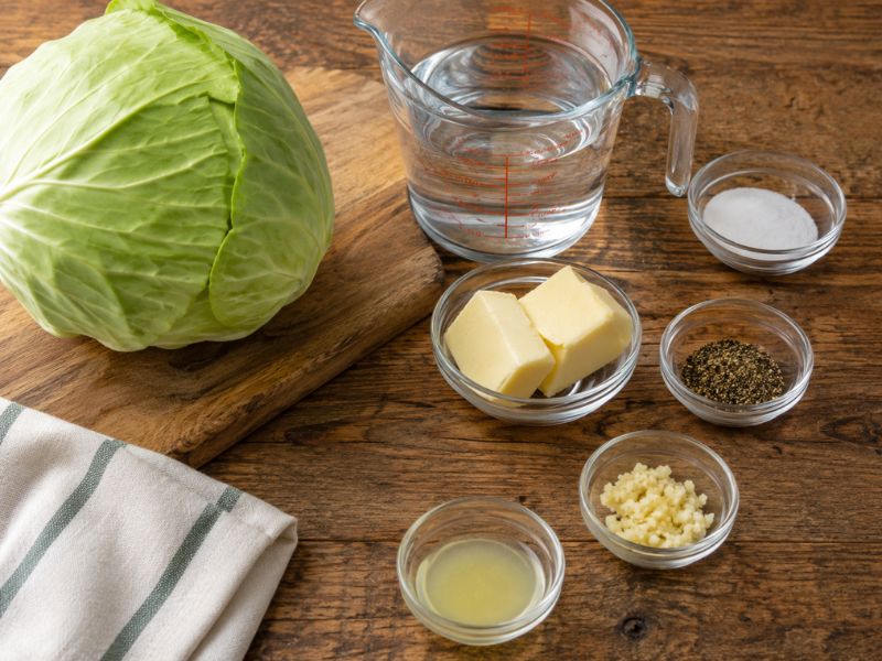 Green cabbage and simple ingredients including water, salt, butter, black pepper, minced garlic, and lemon juice arranged on a wooden table for a boiled cabbage recipe.
