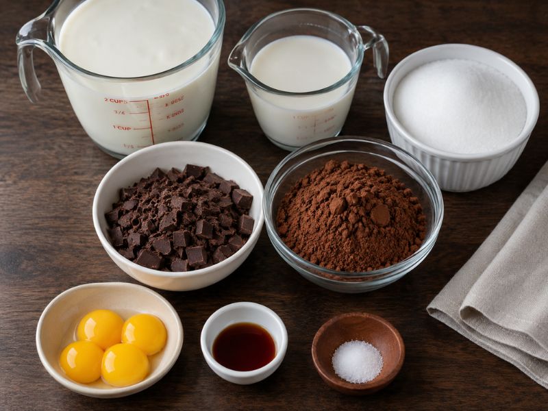 Chocolate ice cream ingredients including heavy cream, whole milk, sugar, cocoa powder, chopped dark chocolate, egg yolks, vanilla extract, and salt arranged on a wooden table.