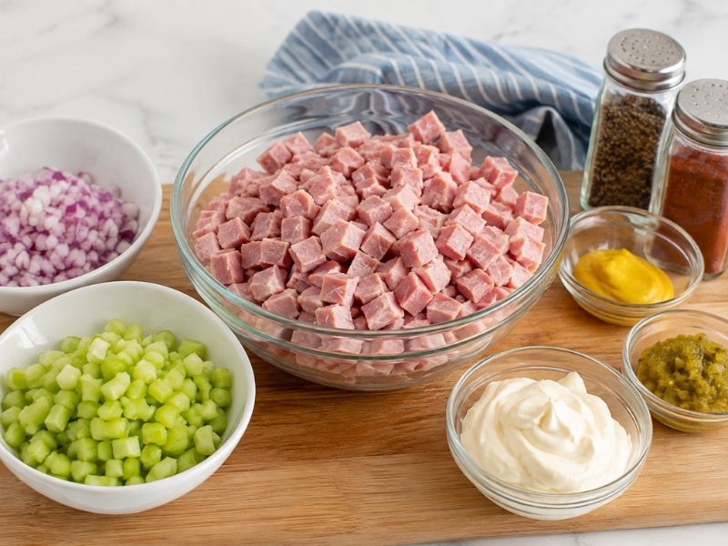 Fresh ingredients with diced ham, celery, onion, mayonnaise, mustard, and pickle relish on a kitchen counter.