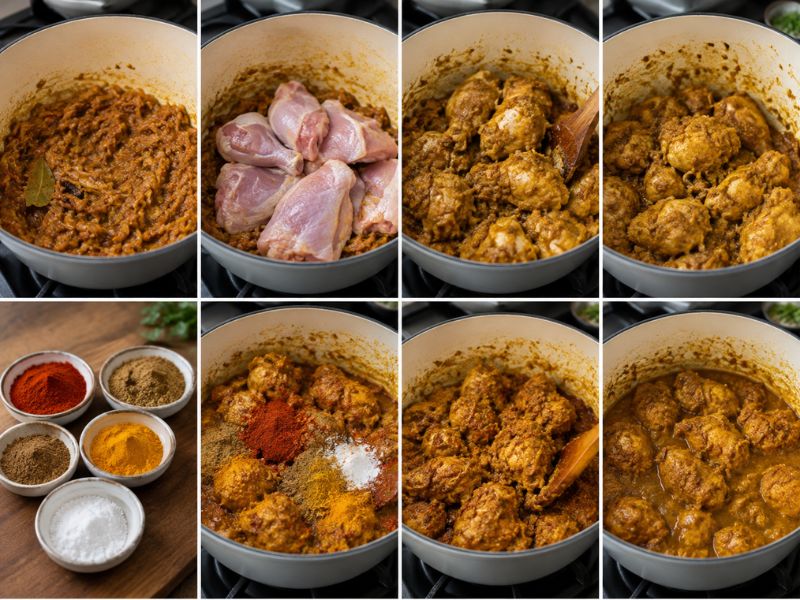 Chicken pieces coated in aromatic onion masala and spices while cooking in a pot for chicken korma.
