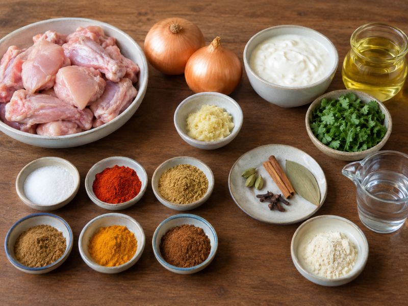 Ingredients for a chicken curry, including raw chicken, onions, yogurt, spices, ginger-garlic paste, oil, fresh cilantro, and other optional ingredients arranged on a wooden table.