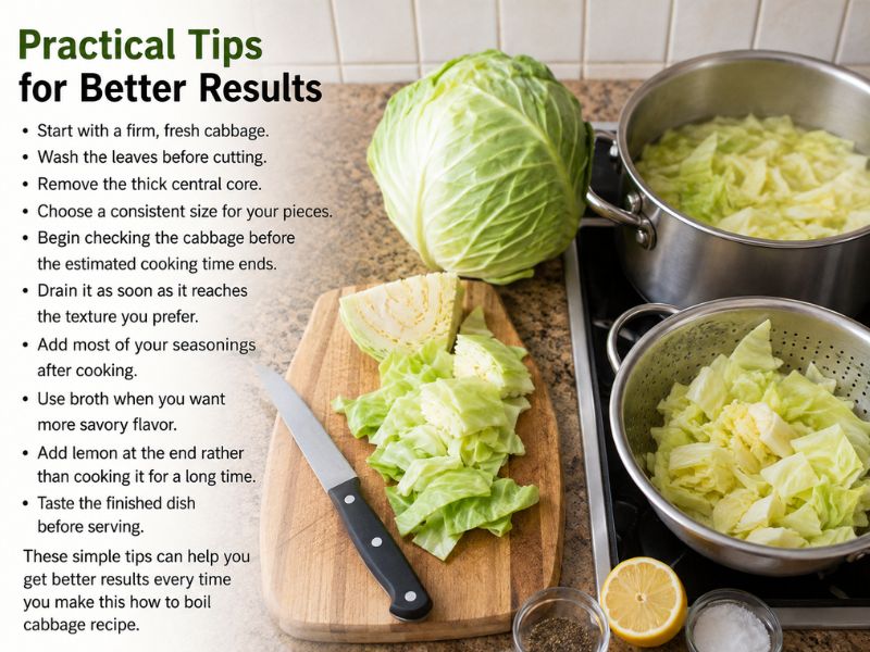 Fresh cabbage being prepared and boiled, with chopped cabbage, a pot of boiled cabbage, colander, lemon, salt, and pepper in a kitchen setting.