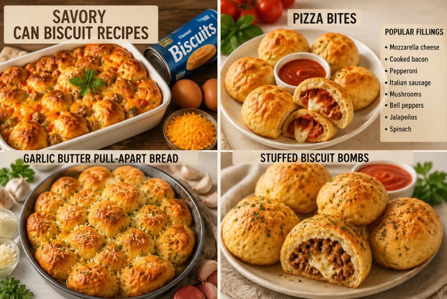 Savory can biscuit recipes featuring cheesy casserole, pizza bites, garlic butter pull-apart bread, and stuffed biscuit bombs with popular savory fillings.