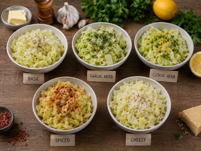 Seasoning combinations for boiled cabbage, including basic, garlic herb, citrus herb, spiced, and cheesy variations with fresh herbs, lemon, garlic, and Parmesan.