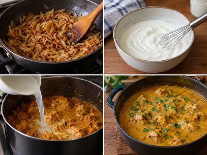 Golden chicken korma curry simmering in a pot, with caramelized onions, whisked yogurt, and creamy spiced sauce shown in cooking stages.