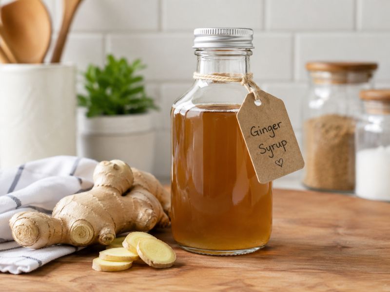 Homemade recipe in a glass bottle with fresh ginger root and sliced ginger on a kitchen counter.