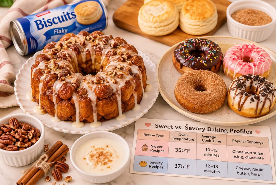 Sweet can biscuit recipes featuring cinnamon monkey bread, air fryer biscuit donuts, and delicious dessert toppings on a bright serving table.