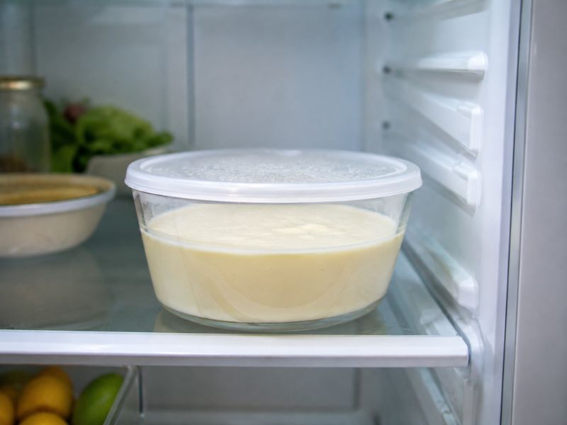 A covered bowl of creamy ice cream custard chilling inside a refrigerator.
