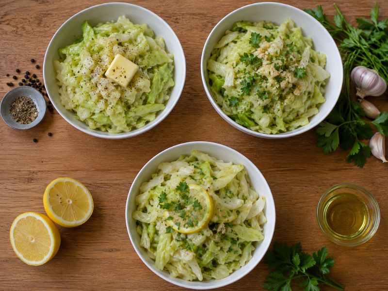 Three bowls of boiled cabbage flavored with butter, garlic, herbs, lemon, olive oil, and black pepper on a wooden table.