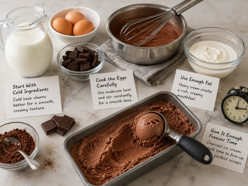 Chocolate ice cream in a loaf pan with a scoop, surrounded by cream, eggs, chocolate, cocoa powder, and ice cream-making tools.