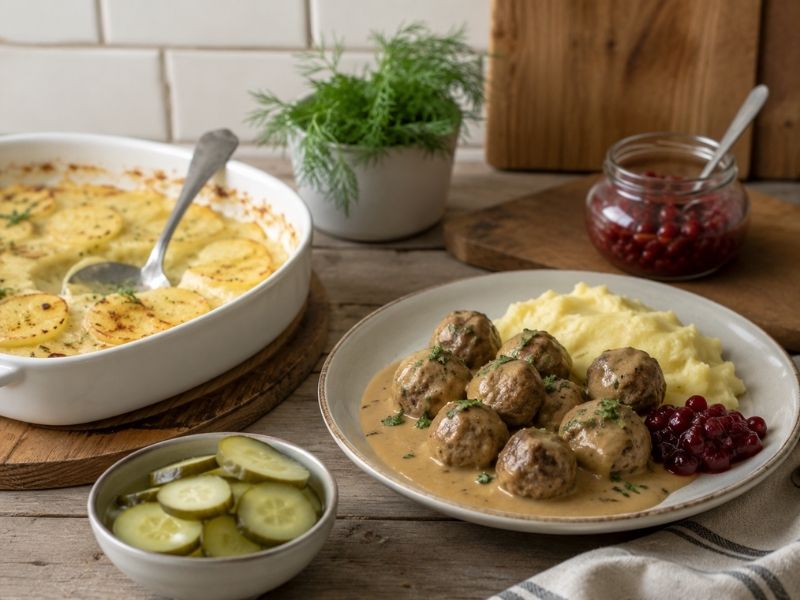 Easy Swedish recipes with meatballs, mashed potatoes, dill, lingonberry jam, and pickles.