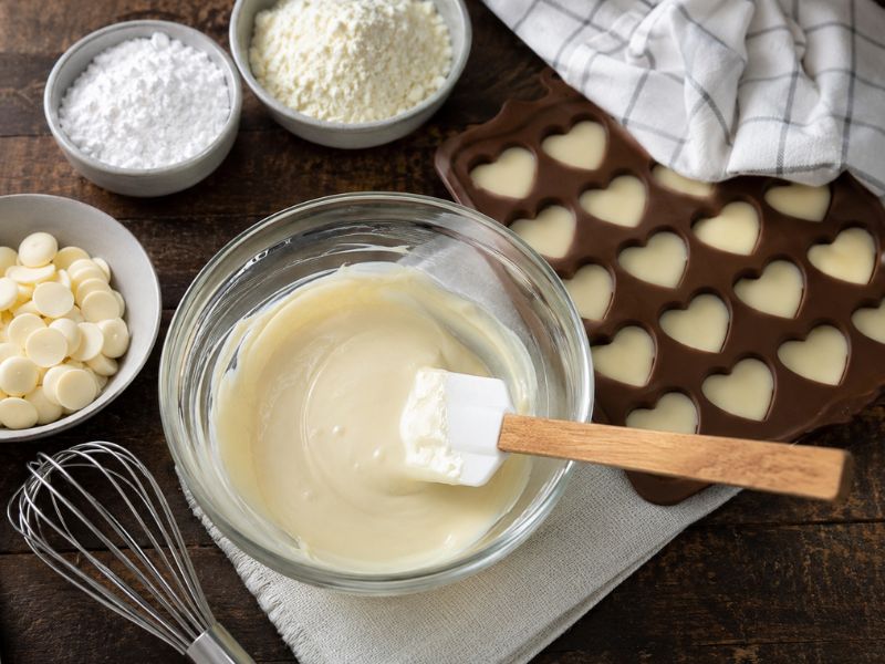 Homemade white chocolate melting in a glass bowl with white chocolate molds and ingredients on a wooden table.