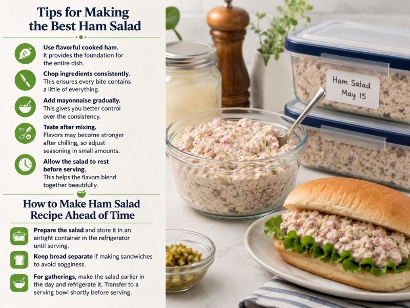 Ham salad in a glass bowl with a sandwich and meal-prep containers, alongside tips for preparing and storing ham salad.