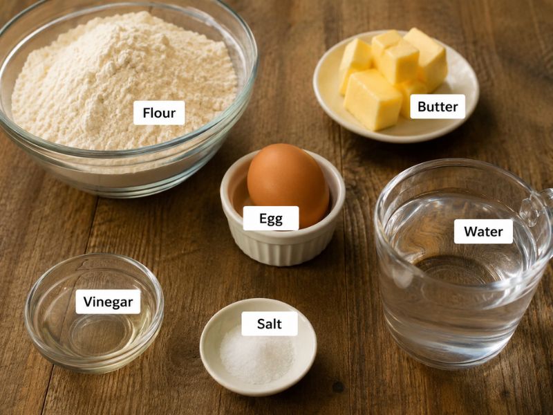 Fresh empanada dough ingredients with labeled flour, butter, egg, water, vinegar, and salt for making homemade empanada dough recipe.