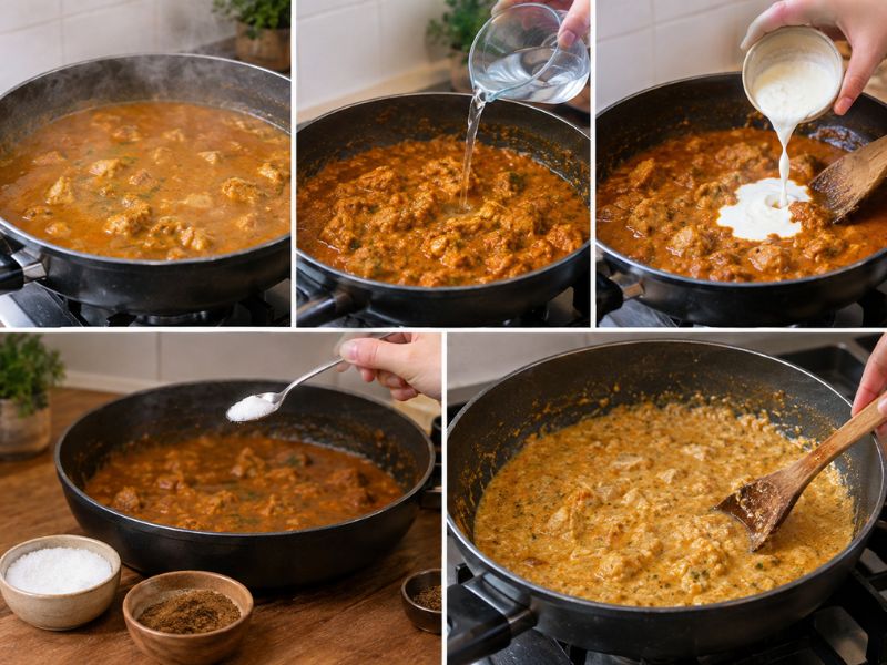 Realistic curry in a pan being adjusted with water, yogurt, and seasoning to fix sauce consistency and flavor.