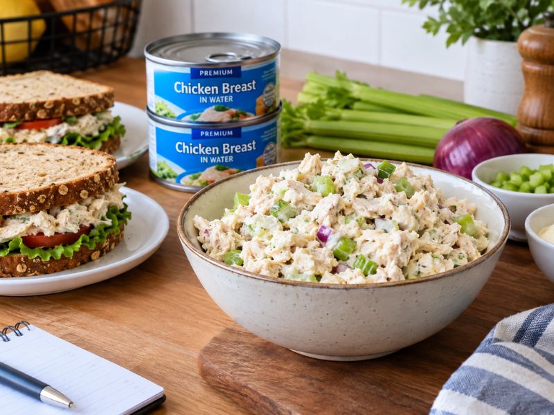 Canned chicken salad in a bowl with celery and onion, served with chicken salad sandwiches and canned chicken in a cozy kitchen setting.