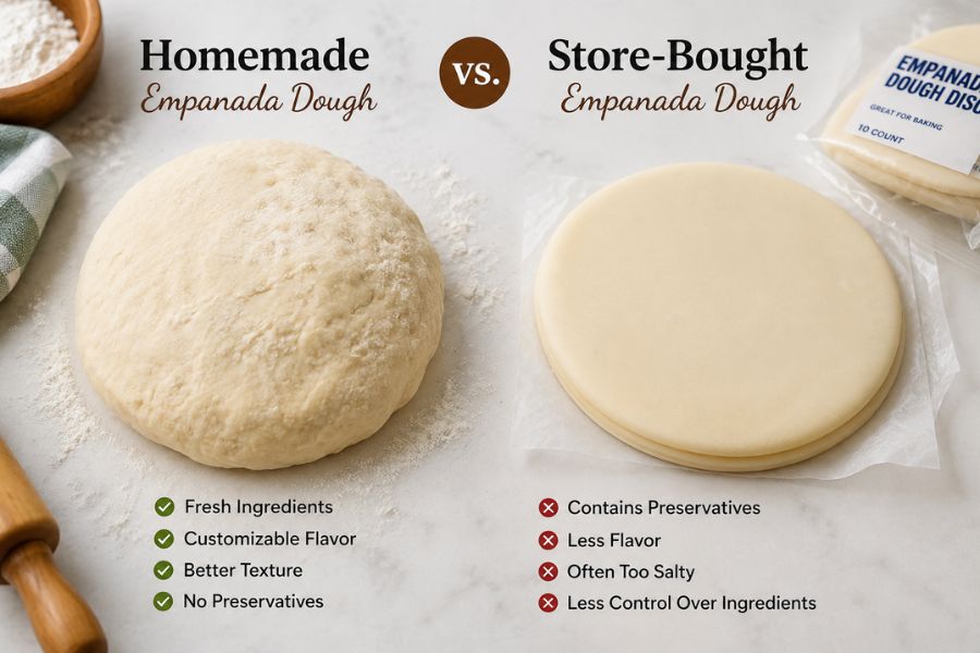 Homemade empanada dough beside store-bought empanada dough, showing differences in texture, freshness, and ingredients in a side-by-side comparison.