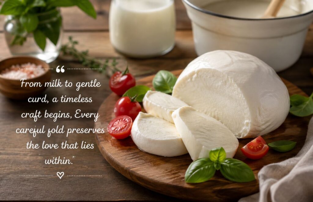 Fresh homemade mozzarella cheese on a wooden board with basil, tomatoes, milk, and a quote about traditional cheesemaking.