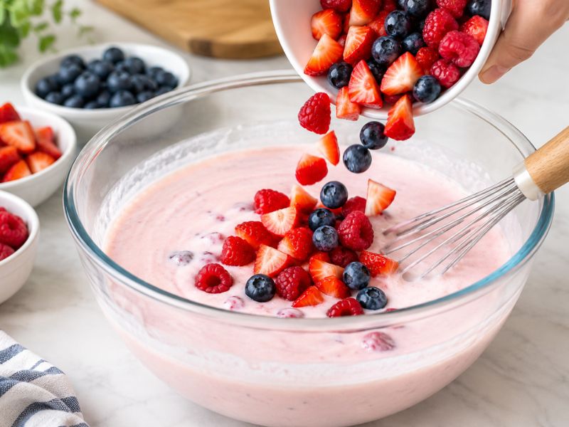 Fresh berries being added to homemade gelatin dessert