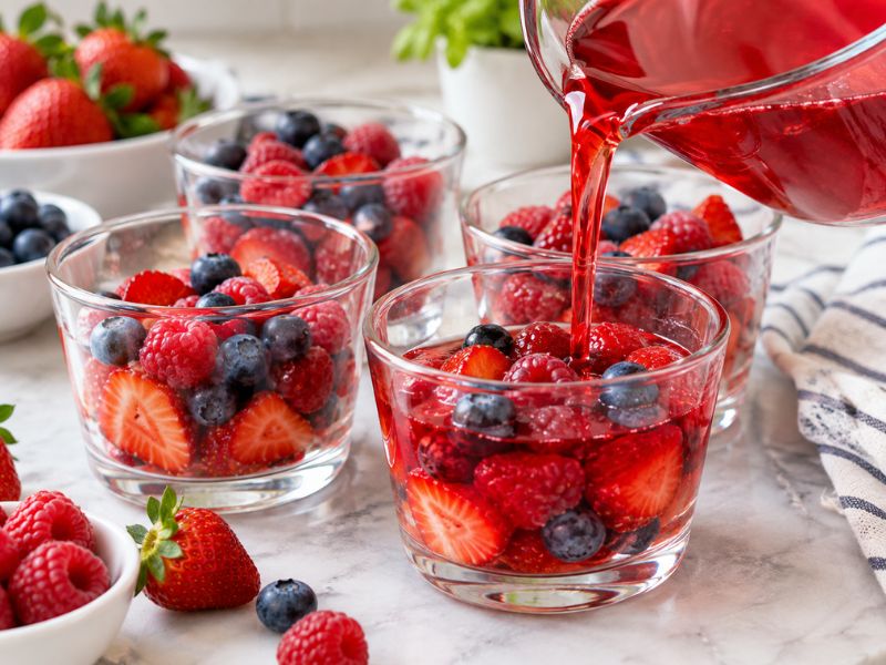 Adding fresh berries to Jello dessert cups