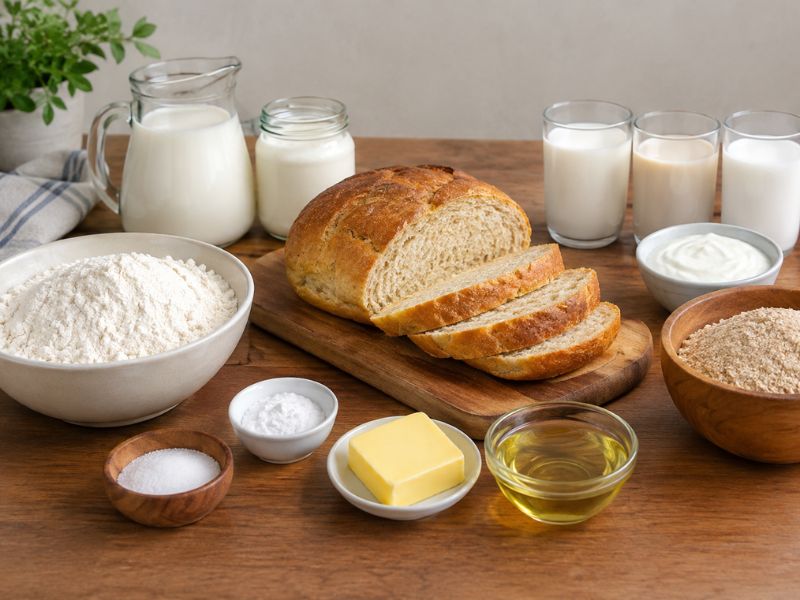  with milk, yogurt, flour, butter, and oil on a wooden kitchen table.