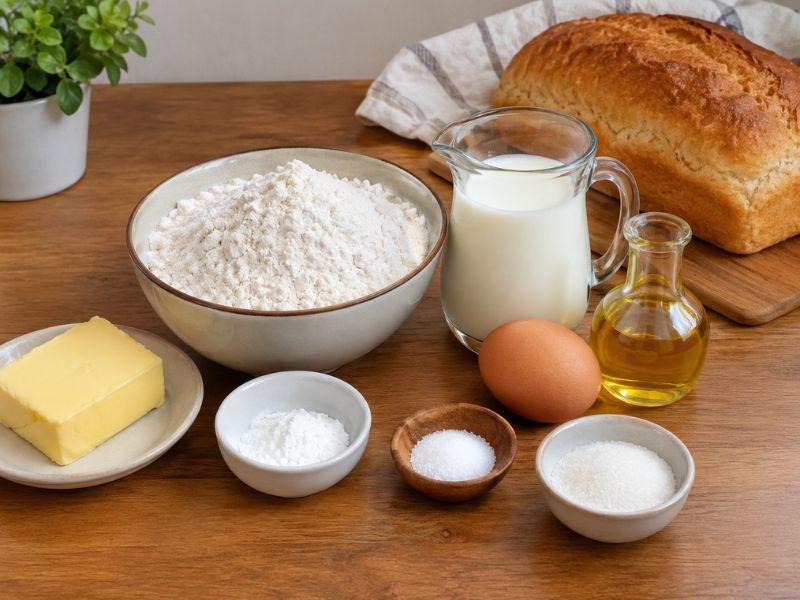 Ingredients with flour, baking powder, milk, butter, egg, oil, salt, and sugar beside a freshly baked loaf.