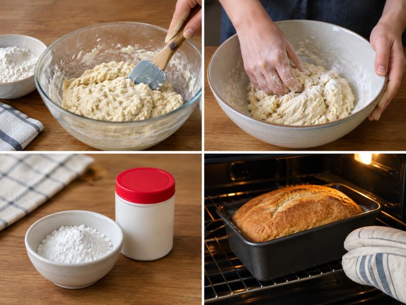 Homemade  bread dough being gently mixed and baked to achieve a soft, tender texture.