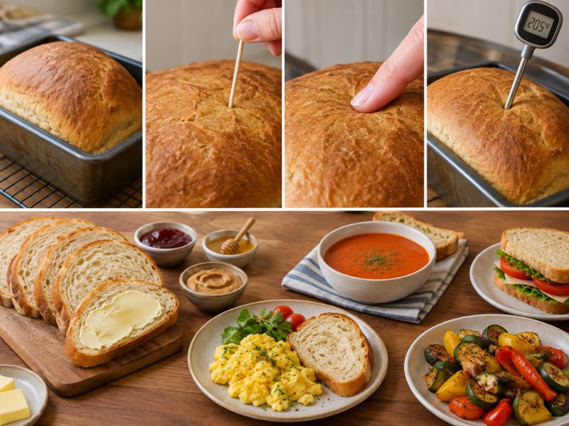 Golden homemade yeast-free bread being tested for doneness with a toothpick and thermometer, served with butter, soup, eggs, and fresh vegetables.