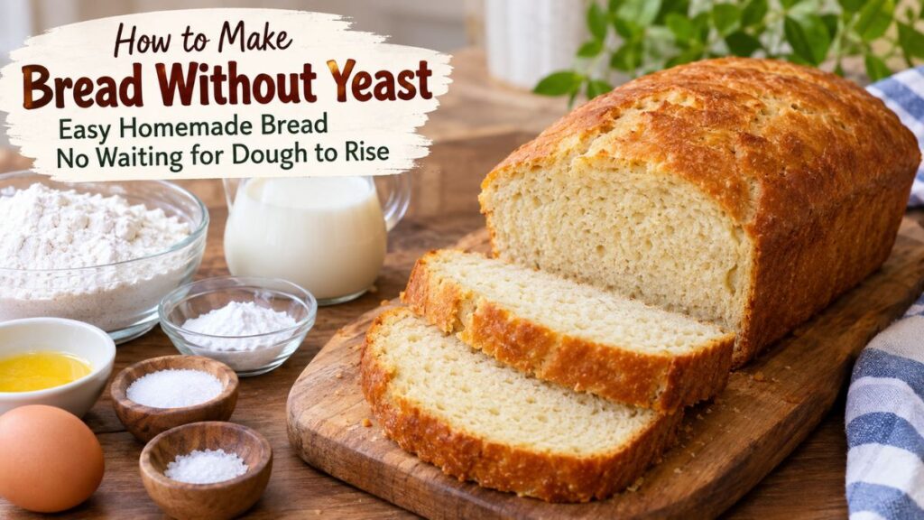 How to make bread without yeast with a golden homemade loaf and fresh bread slices