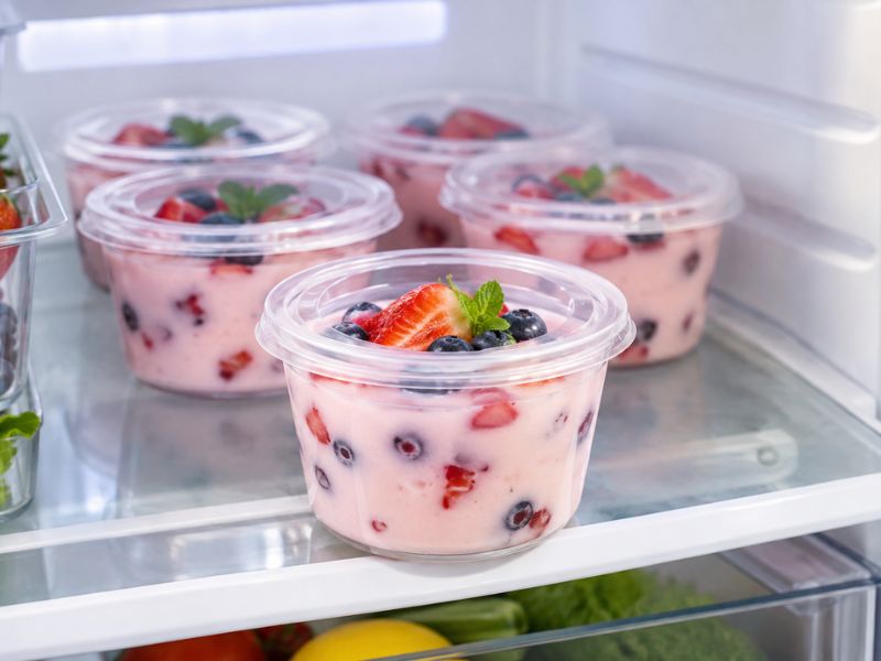 Homemade gelatin dessert stored in covered refrigerator containers