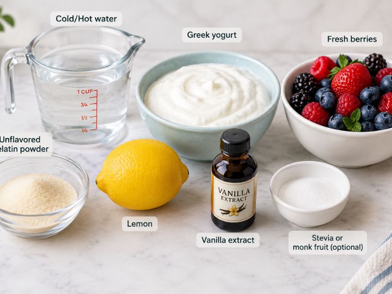 ingredients for a healthy gelatin recipe with Greek yogurt and berries