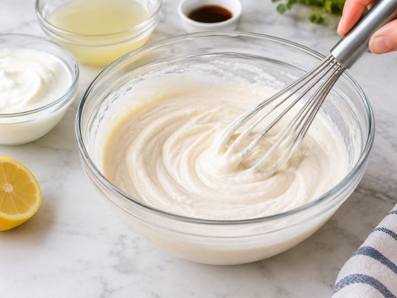 Greek yogurt being mixed into gelatin for a creamy dessert