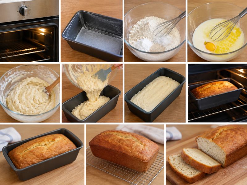 Homemade  bread being mixed, baked, cooled, and sliced in a loaf pan.