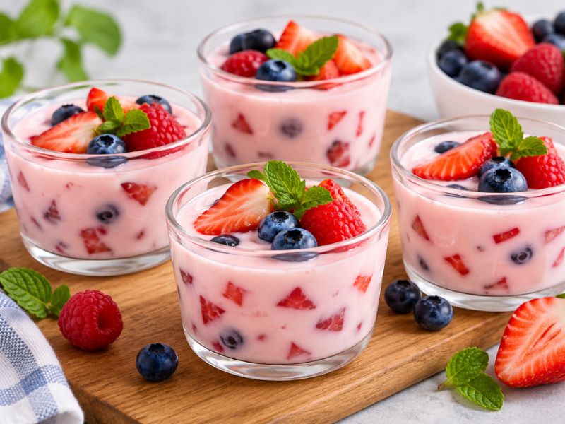 Portioned homemade gelatin dessert with fresh berries