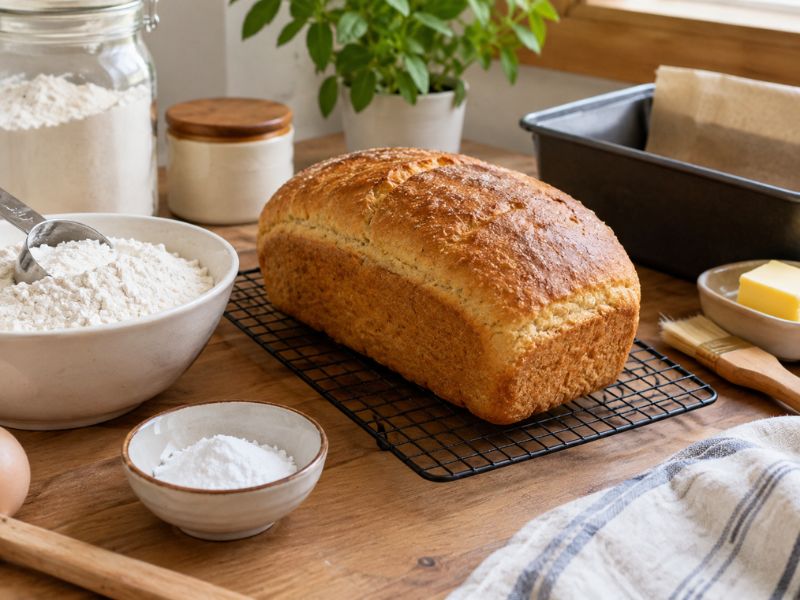 Golden homemade bread loaf cooling on a wire rack with flour, butter, baking pan, and pastry brush on a wooden kitchen table.