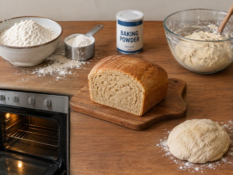 Dense homemade bread loaf with compact crumb beside flour, baking powder, dough, and an open oven on a wooden kitchen counter.