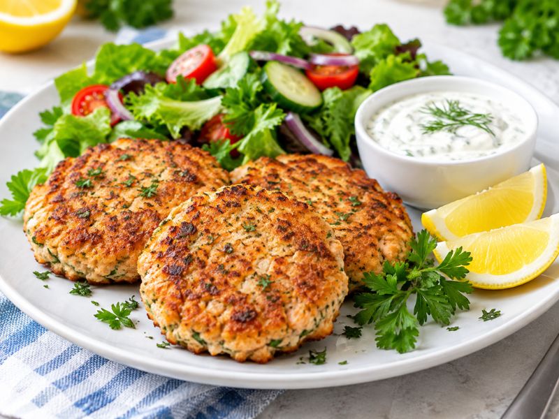 golden homemade canned salmon patties with salad and lemon