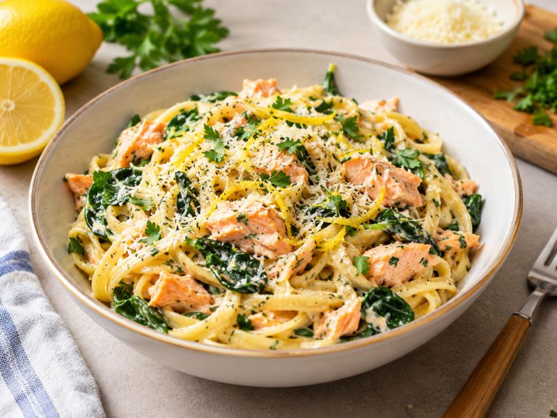 canned salmon pasta with spinach lemon herbs and Parmesan
