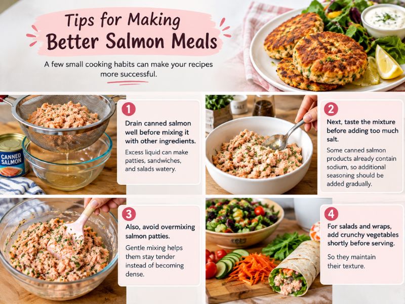 Tips for making better salmon meals, including draining canned salmon, seasoning gradually, gently mixing salmon patties, and adding crunchy vegetables before serving.
