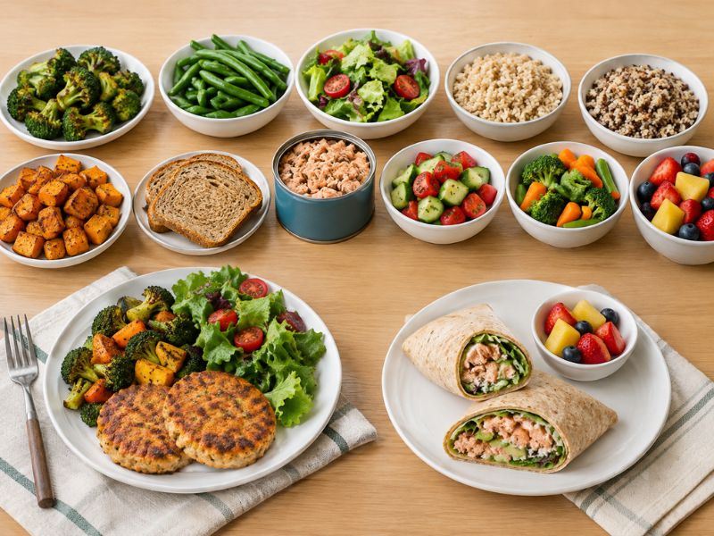 Canned salmon served with roasted vegetables, salad, whole-grain bread, grains, and fresh fruit.